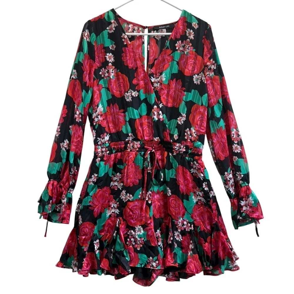 Sugarlips Rosabella Lover Black and Red Floral Romper. Size L